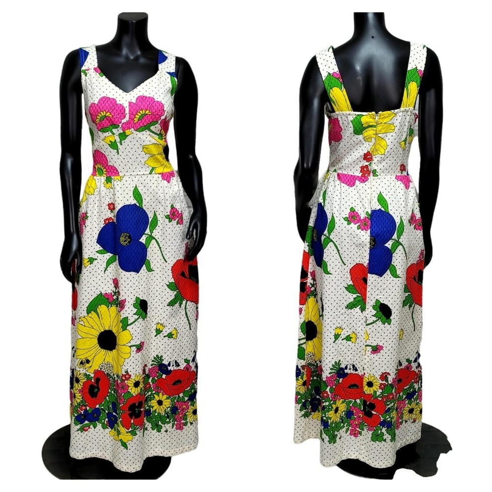 Vintage 70s Floral‎ Polka Dot Maxi Dress Cotton Sleeveless VNeck White Multi
